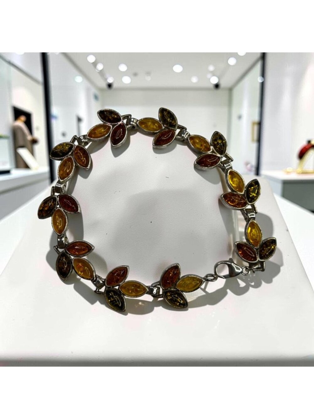 Baltic Amber Leaf Bracelet Sterling Silver 925 Multicolor Womens Jewelry